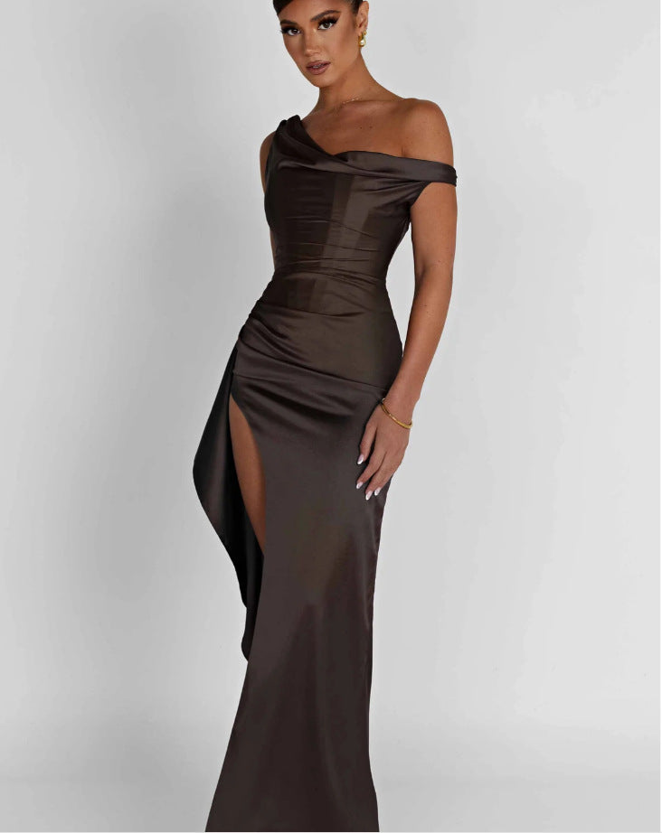 Satin Off-Shoulder Dress with Cinched Waist
