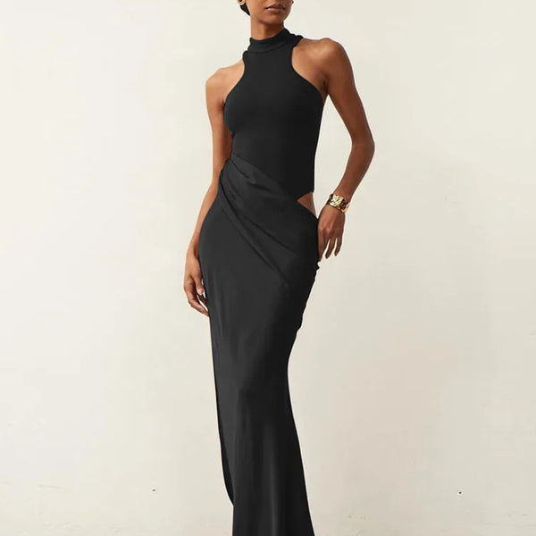 JULISSA MO Satin Sexy Hollow Out Women Maxi Dress Black Sleeveless High Waist Dress Female Autumn Skinny Elegant Party Clubwear