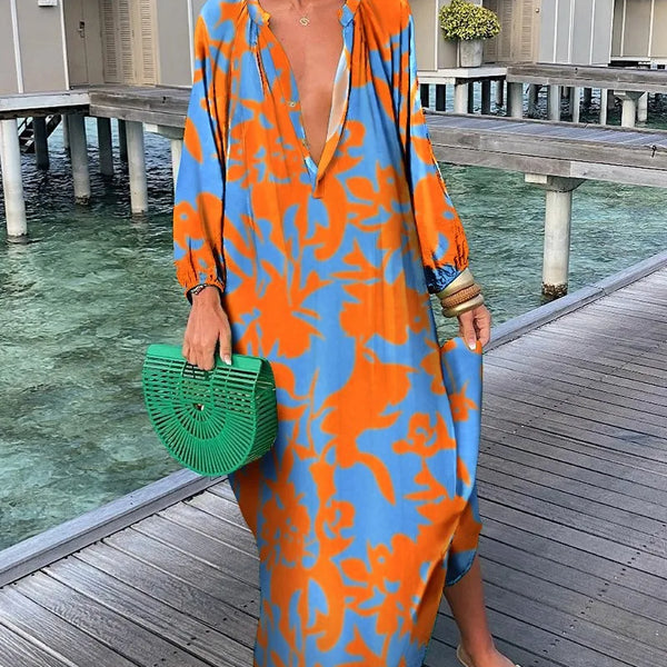 Elegant Women's Maxi Dresses 2024 Summer Casual Fashion Retro Print V Neck Loose Boho Long Vacation Beach Dress Female Robes New