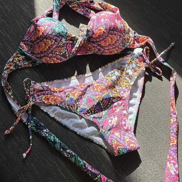 S- XL Printed Underwired Bra Cup Bikini Female Swimsuit Women Swimwear Two-pieces Bikini Set Push Up Bather Bathing Suit Swim