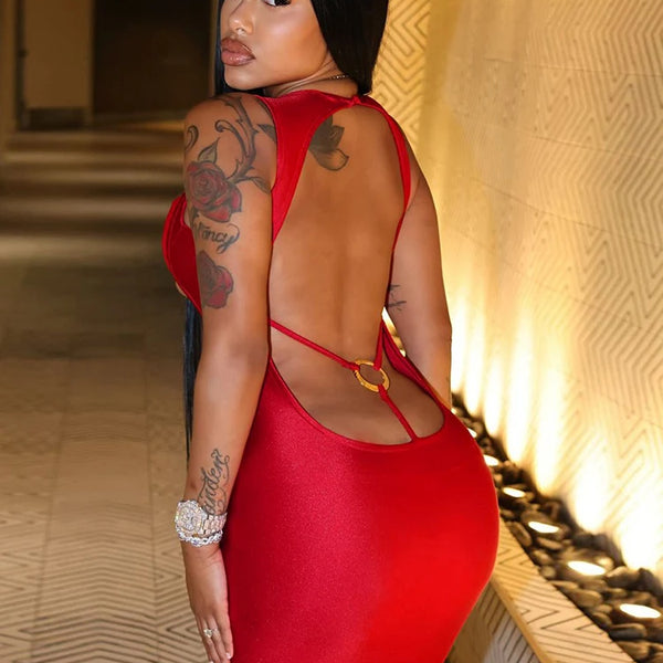 Weird Puss Sexy Backless Party Dress Hollow Skinny Sleeveless Low-Neck Ring Clasp Chic Birthday Banquet Rave Bodycon Vestidos