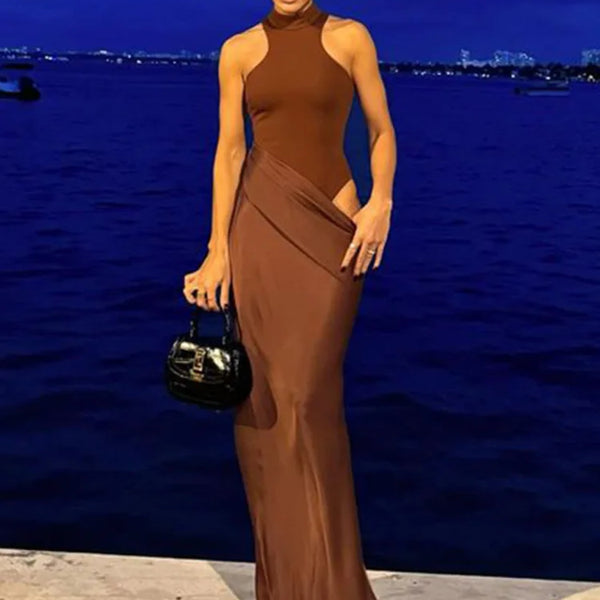 JULISSA MO Satin Sexy Hollow Out Women Maxi Dress Black Sleeveless High Waist Dress Female Autumn Skinny Elegant Party Clubwear