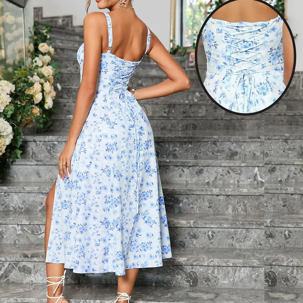 Frenchy Style All Over Print Ruched Women Lace Up Dress Floral Summer Split Adjustable Strapes Zip Casual Party Beach Midi Dress