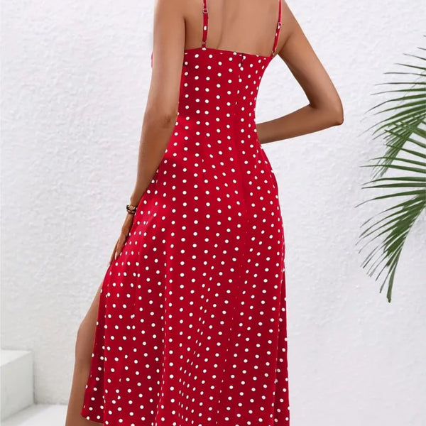 2024 Summer Sexy Spaghetti Straps Dress Women Fashion Polka Dot Print Sleeveless Slit Dress Boho Casual Beach Midi Dresses