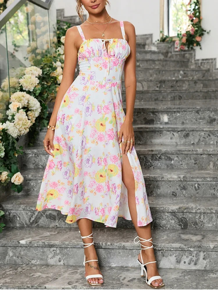 Frenchy Style All Over Print Ruched Women Lace Up Dress Floral Summer Split Adjustable Strapes Zip Casual Party Beach Midi Dress