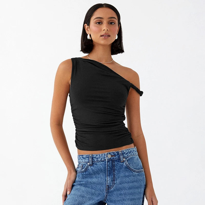 CUTENOVA Simple Basic Casual Summer Tank Top Sleeveless Solid Color Off Shoulder Side Ruched Crop Tops Vestidos Spring Women T S