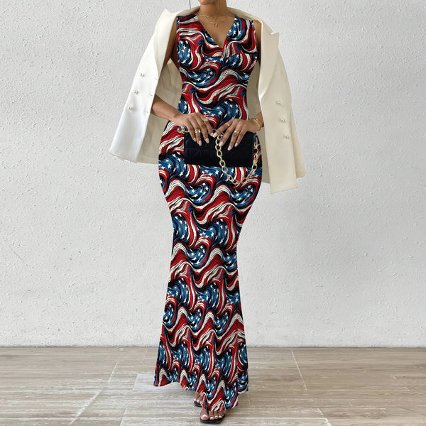 American Flag Maxi Dress 4th of July Bodycon Sleeveless Women's XS-2XL Independence Day Outfit