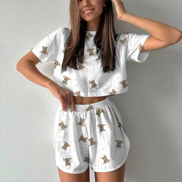 2024 Summer Women Casual Tracksuit Short Sleeve T-shirts+Shorts Two Pieces Sets Hollow Out Fashion Printed Female Sports Outfits