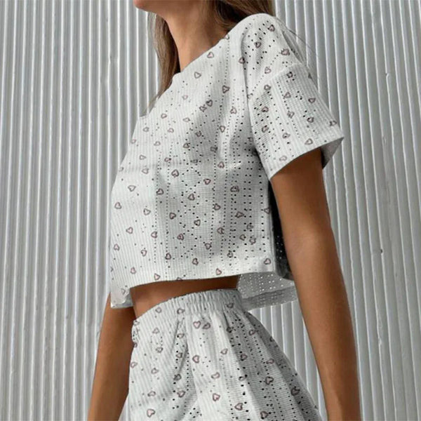 2024 Summer Women Casual Tracksuit Short Sleeve T-shirts+Shorts Two Pieces Sets Hollow Out Fashion Printed Female Sports Outfits