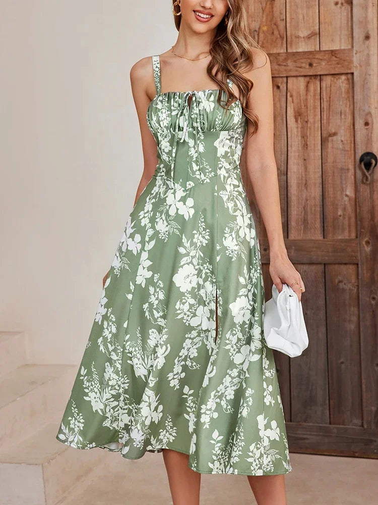 Frenchy Style All Over Print Ruched Women Lace Up Dress Floral Summer Split Adjustable Strapes Zip Casual Party Beach Midi Dress