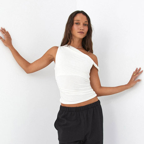 CUTENOVA Simple Basic Casual Summer Tank Top Sleeveless Solid Color Off Shoulder Side Ruched Crop Tops Vestidos Spring Women T S
