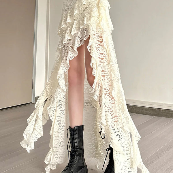 Nibber Tassels Women Skirts Irregular Hem Multi-Layered Ruffles Lace Patchwork Sweet Summer Trend Daily Skinny Versatile Bottoms