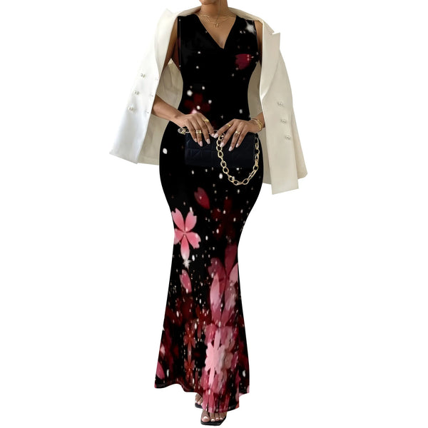 Pink Sakura Print Maxi Dress XS-2XL Sleeveless Bodycon Style with V-Neck for Romantic Date, Holiday Dinner or Spring Party Look