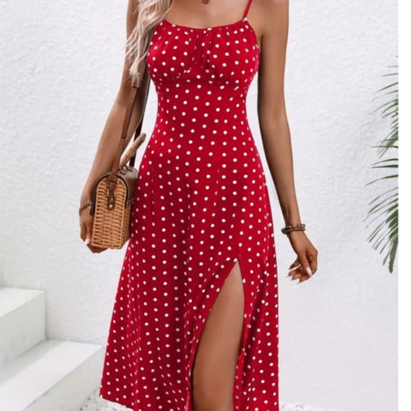 2024 Summer Sexy Spaghetti Straps Dress Women Fashion Polka Dot Print Sleeveless Slit Dress Boho Casual Beach Midi Dresses