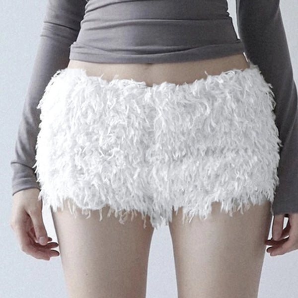 Faux Fur Solid Knitted Women’s Short Chic Y2K Skinny Simple Low Waist Autumn Winter Design Basic Pants