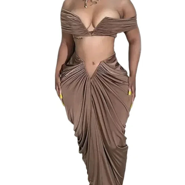 Stacked Ruched Women's Set Off Shoulder Crop Top and Low Waist Maxi Long Skirts 2025 Sexy Party Two 2 Piece Sets Outfits
