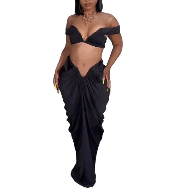 Stacked Ruched Women's Set Off Shoulder Crop Top and Low Waist Maxi Long Skirts 2025 Sexy Party Two 2 Piece Sets Outfits