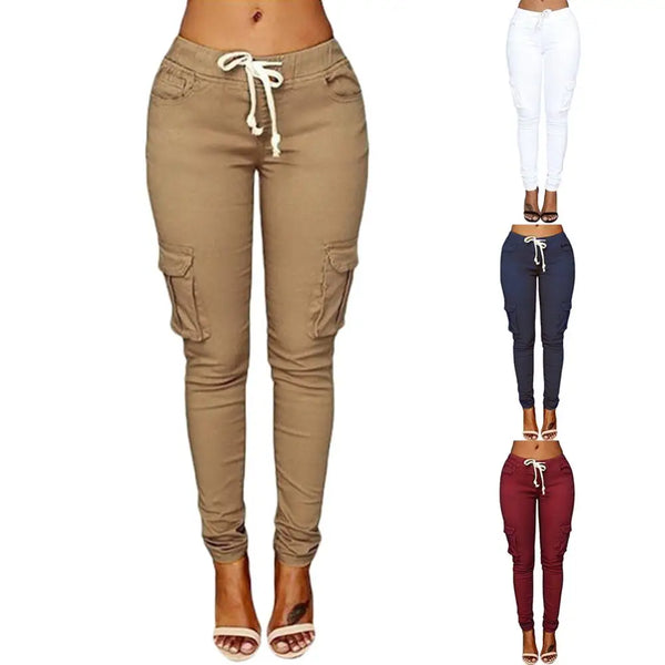 Mather 2023 Spring Lace Up Waist Casual Women Pants Solid Pencil Pants Multi-Pockets Straight Trousers S-4XL