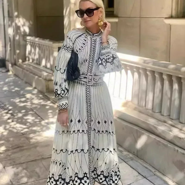 Retro Elegant Stand Collar Long Dress Women Spring Pattern Print Belted Buckle Party Dress Autumn Long Sleeve A-Line Boho Dress