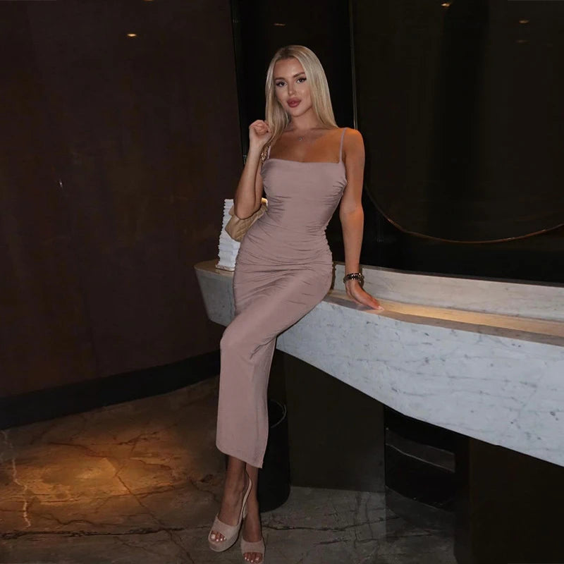 Elegant Off Shoulder Dresses for Women Almond Corset Maxi Dress Draped Evening Night Bodycon Party Vestido Sexy Backless Dress