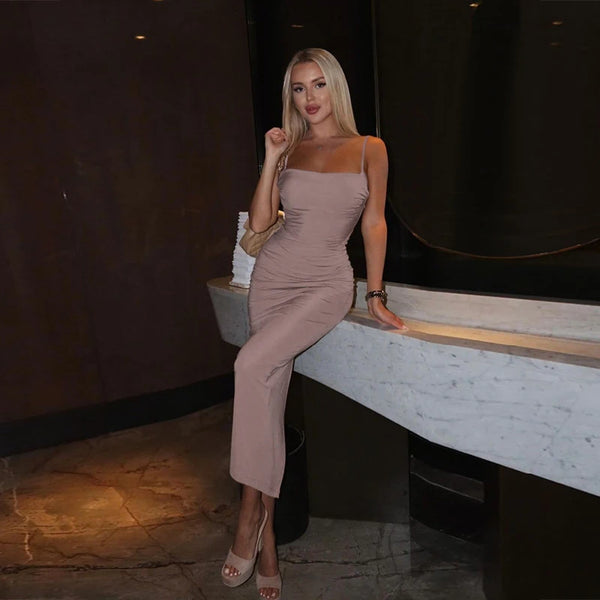 Elegant Off Shoulder Dresses for Women Almond Corset Maxi Dress Draped Evening Night Bodycon Party Vestido Sexy Backless Dress