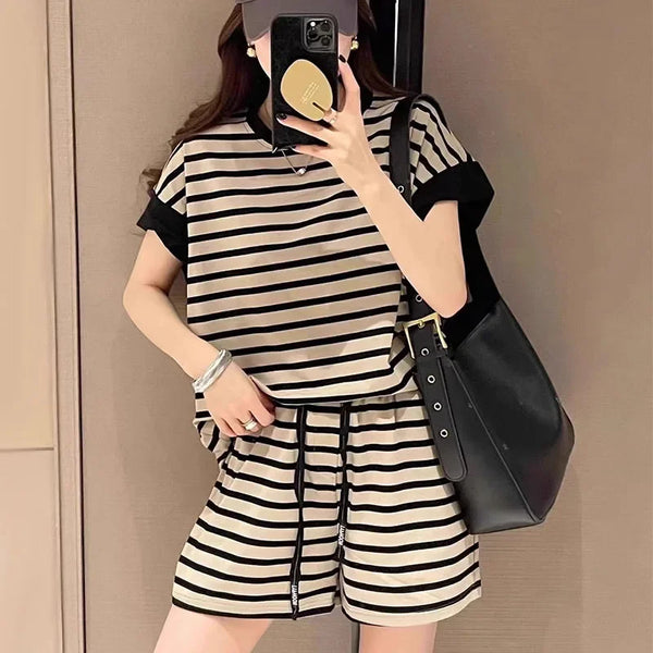 Summer Women Striped Clothing Sets Short Sleeve T-shirt+Drawstring Shorts Two Pieces Suits Ladies Casual Outfits Loose Tracksuit
