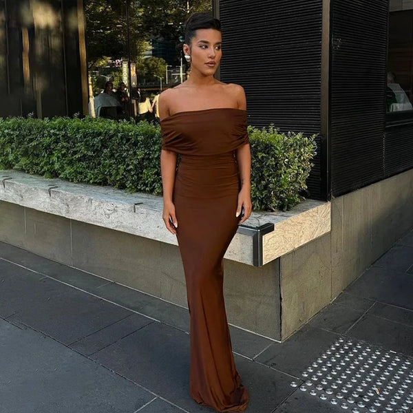 Cryptographic Ruched Elegant Off Shoulder Maxi Dress Club Party Outfits Women Back Split Sexy Backless Bodycon Dresses Vestido