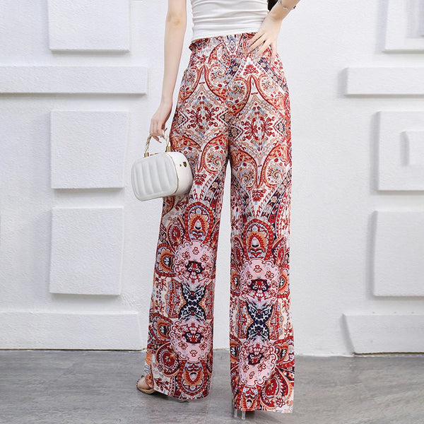 Bohemian High Waist Elastic Waist Printed Wide Leg Long Pants Women‘s Clothes Straight Casual Trousers Summer New Vintage Trend