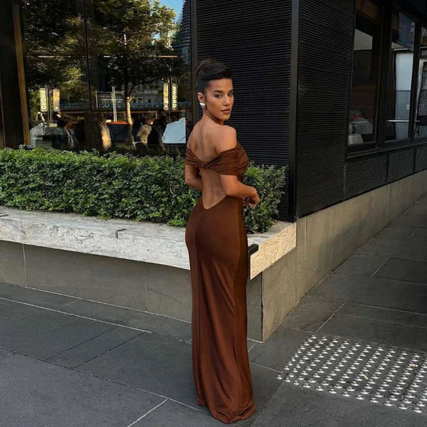 Cryptographic Ruched Elegant Off Shoulder Maxi Dress Club Party Outfits Women Back Split Sexy Backless Bodycon Dresses Vestido