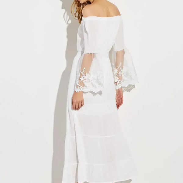 TEELYNN boho dress white sexy off the shoulder beach sundress Flare long sleeve splice lace women dresses summer vestidos