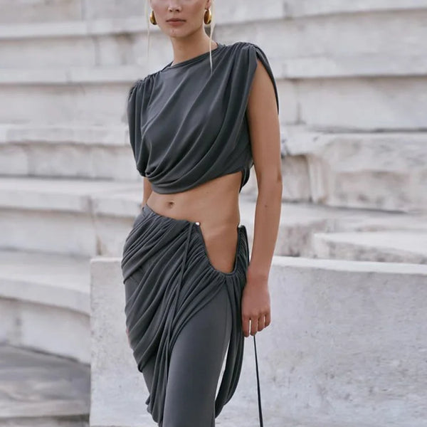 Weird Puss Elegant Ruched 2Piece Set Summer Women Chic Irregular Tank Tops+Skirts Pants Matching Casual Basic Classic Streetwear
