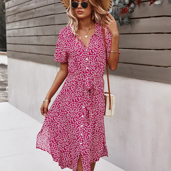 Summer Women Floral Print Dress Casual Short Sleeve Button Holiday Midi Dresses Female V-Neck Beach Boho Chic Dress Elegant Robe