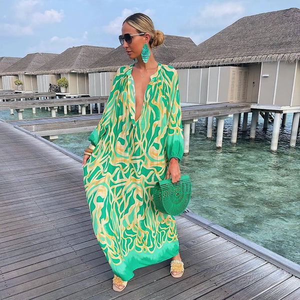Elegant Women's Maxi Dresses 2024 Summer Casual Fashion Retro Print V Neck Loose Boho Long Vacation Beach Dress Female Robes New