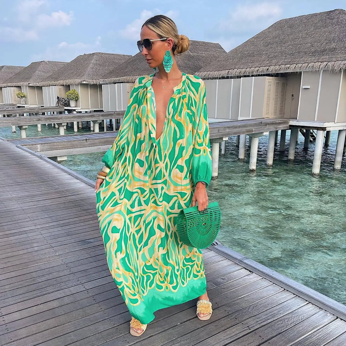 Elegant Women's Maxi Dresses 2024 Summer Casual Fashion Retro Print V Neck Loose Boho Long Vacation Beach Dress Female Robes New