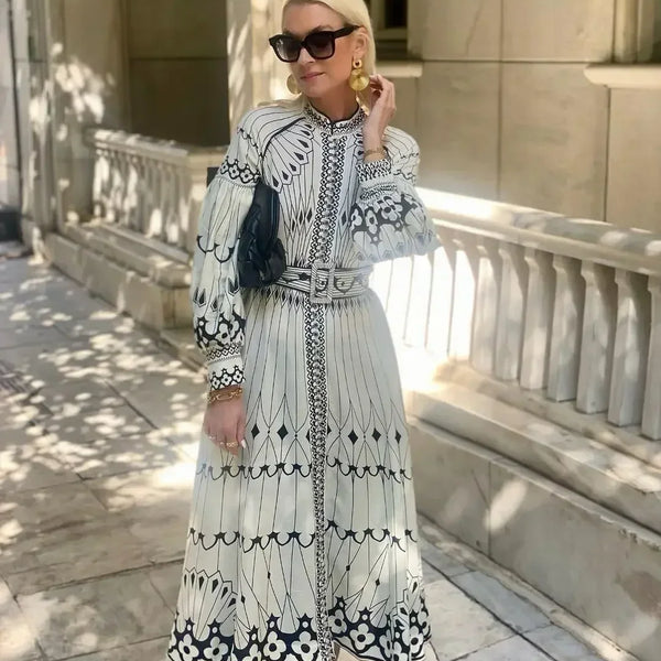Retro Elegant Stand Collar Long Dress Women Spring Pattern Print Belted Buckle Party Dress Autumn Long Sleeve A-Line Boho Dress
