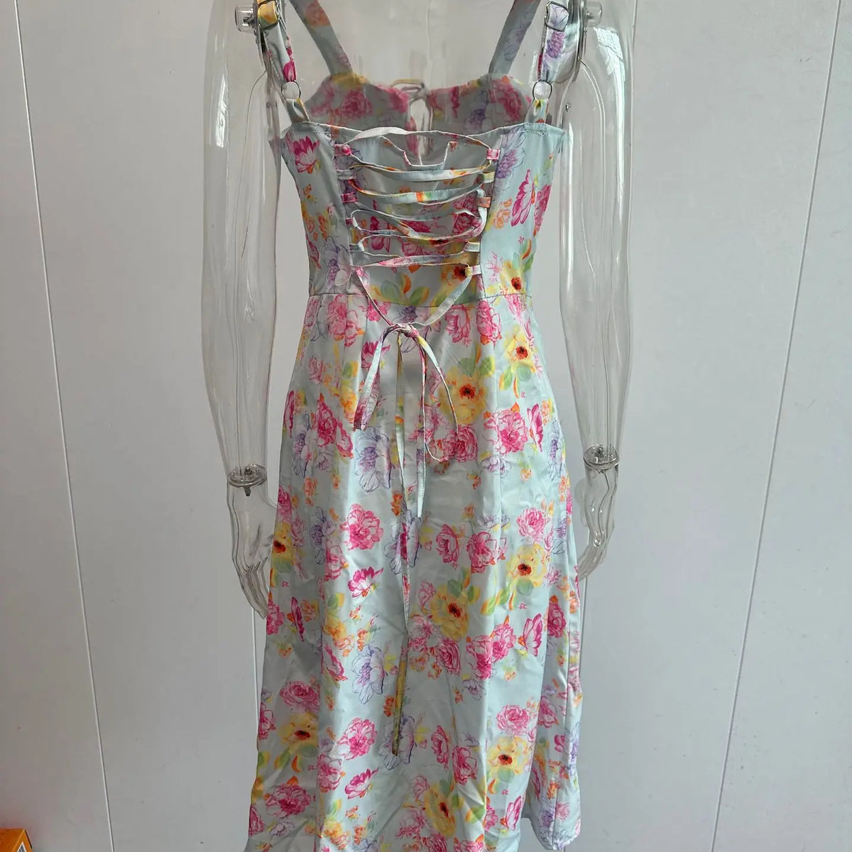 Frenchy Style All Over Print Ruched Women Lace Up Dress Floral Summer Split Adjustable Strapes Zip Casual Party Beach Midi Dress