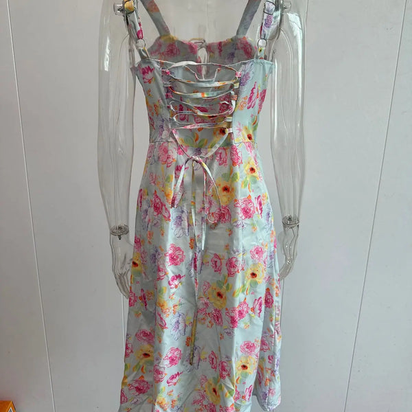 Frenchy Style All Over Print Ruched Women Lace Up Dress Floral Summer Split Adjustable Strapes Zip Casual Party Beach Midi Dress
