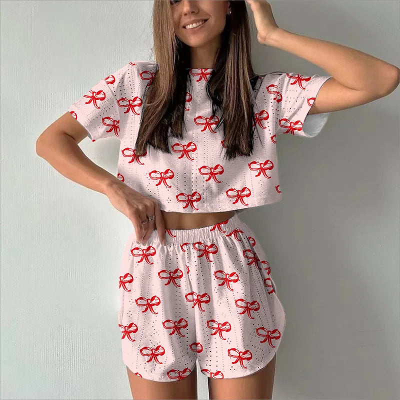 2024 Summer Women Casual Tracksuit Short Sleeve T-shirts+Shorts Two Pieces Sets Hollow Out Fashion Printed Female Sports Outfits