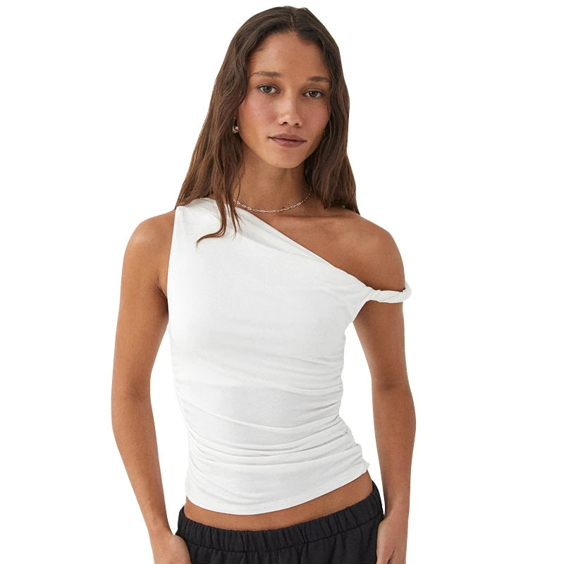 CUTENOVA Simple Basic Casual Summer Tank Top Sleeveless Solid Color Off Shoulder Side Ruched Crop Tops Vestidos Spring Women T S
