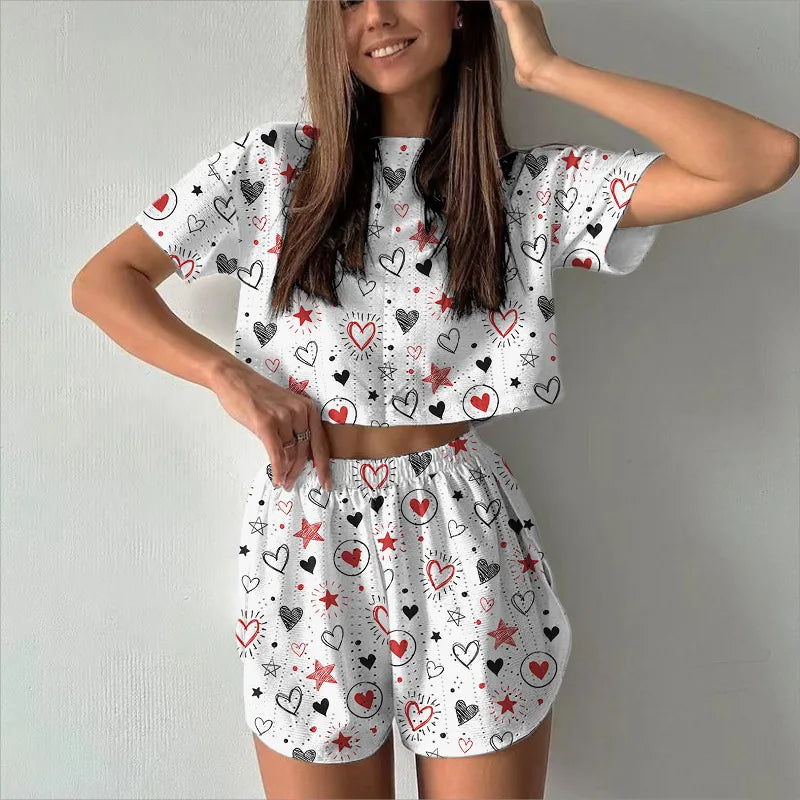 2024 Summer Women Casual Tracksuit Short Sleeve T-shirts+Shorts Two Pieces Sets Hollow Out Fashion Printed Female Sports Outfits