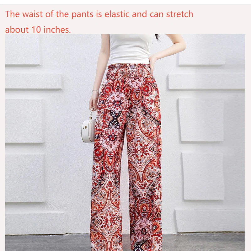 Bohemian High Waist Elastic Waist Printed Wide Leg Long Pants Women‘s Clothes Straight Casual Trousers Summer New Vintage Trend