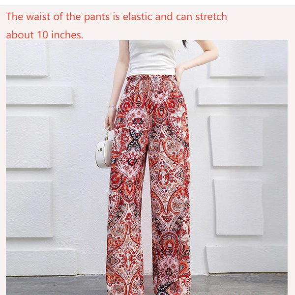 Bohemian High Waist Elastic Waist Printed Wide Leg Long Pants Women‘s Clothes Straight Casual Trousers Summer New Vintage Trend