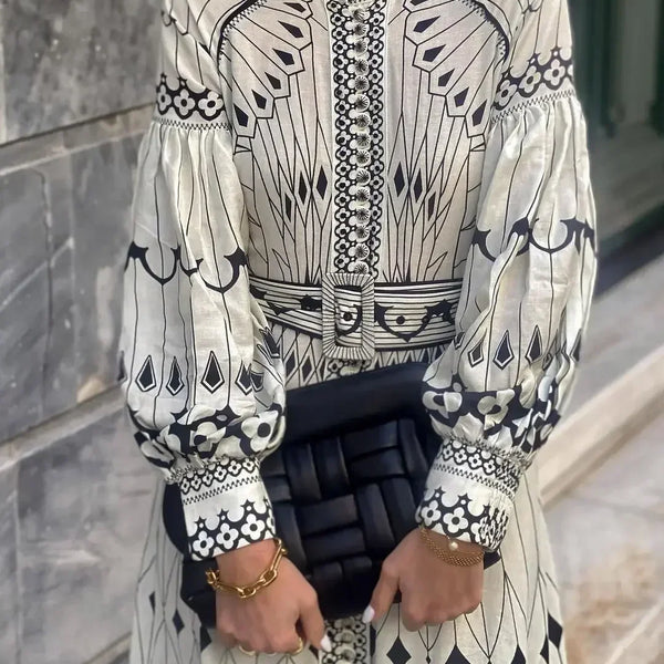 Retro Elegant Stand Collar Long Dress Women Spring Pattern Print Belted Buckle Party Dress Autumn Long Sleeve A-Line Boho Dress