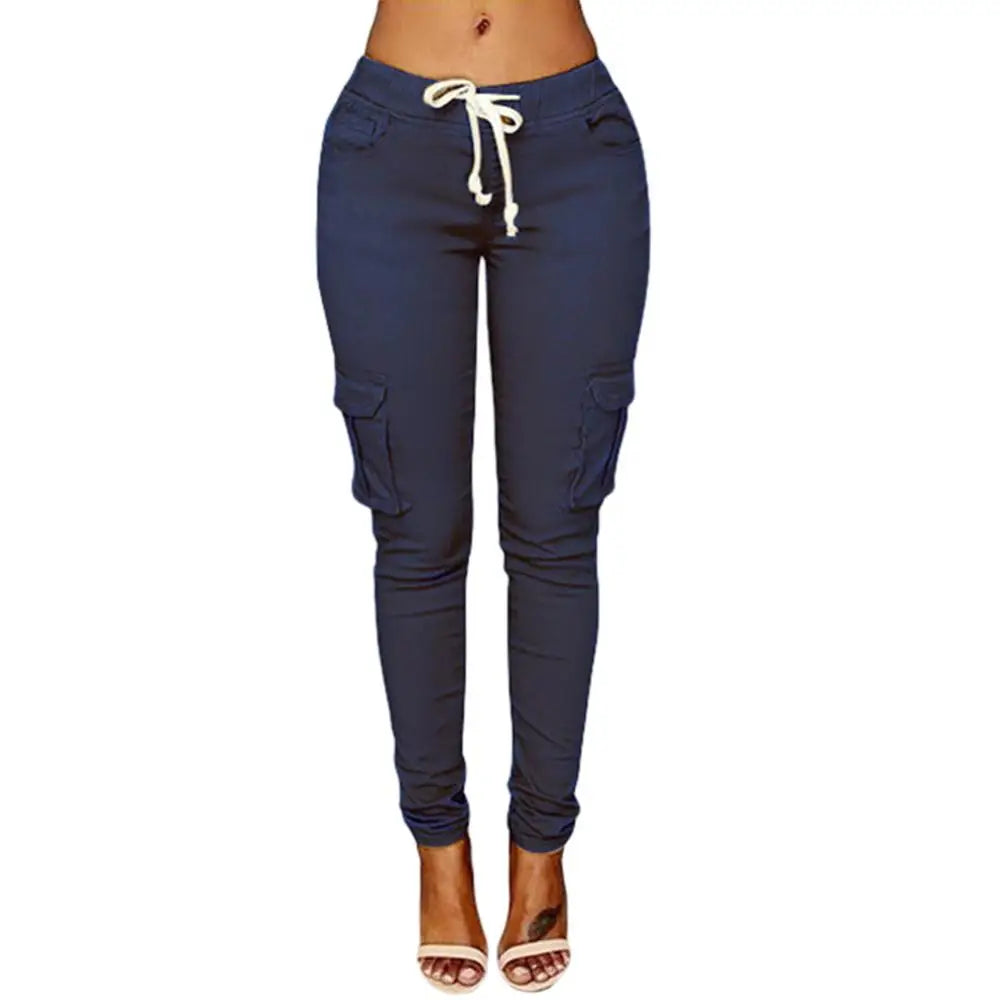 Mather 2023 Spring Lace Up Waist Casual Women Pants Solid Pencil Pants Multi-Pockets Straight Trousers S-4XL