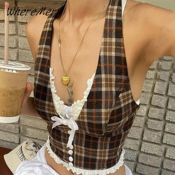WhereMery French Style Retro Slim Halter Top Y2K Lace Backless Sleeveless V-neck Ruffle Camisole Summer Sexy New Women‘s Clothes