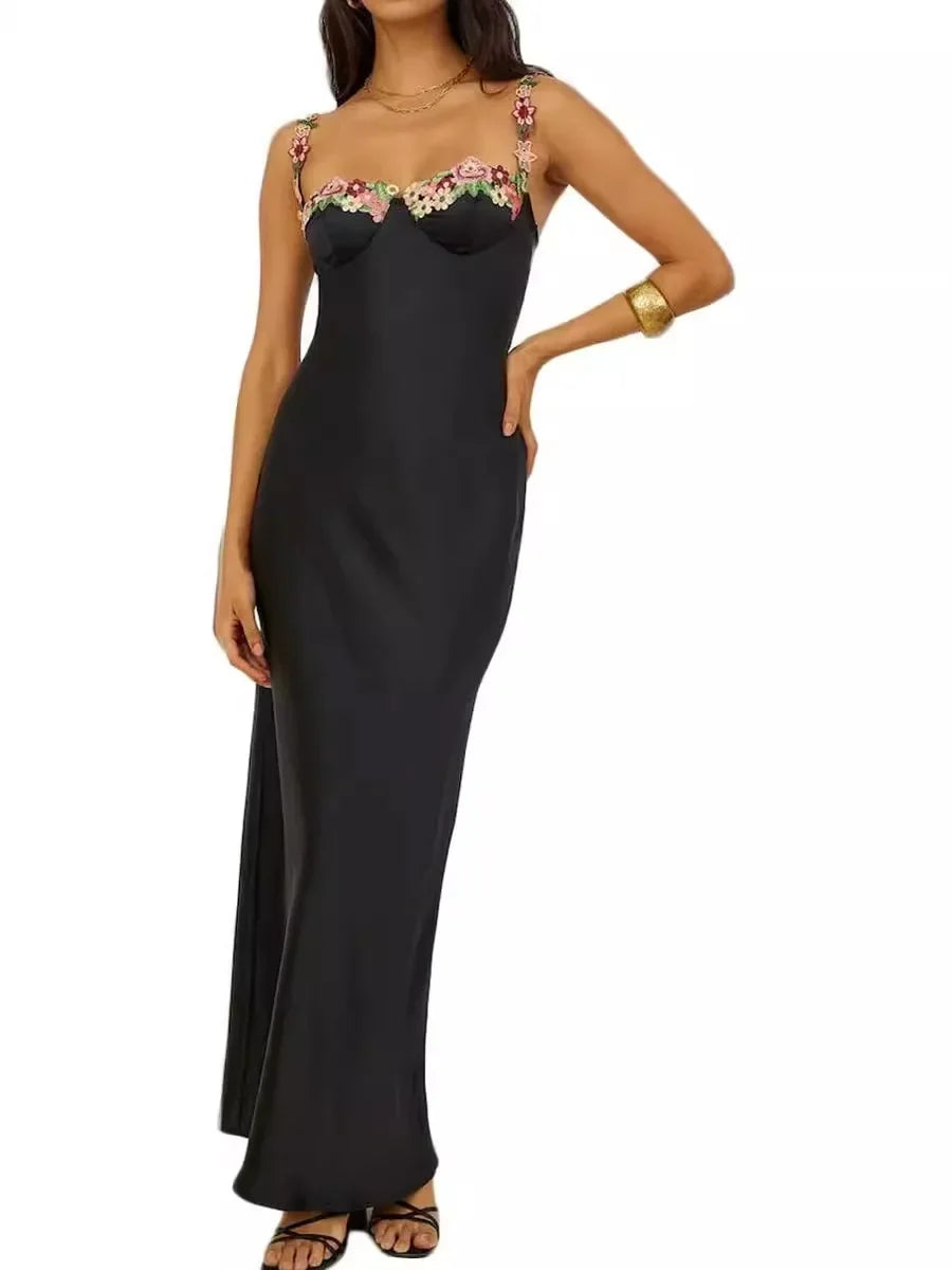 2024 Spring Summer New Women's Clothing Solid Color Embroidered Stitching Satin Sling Slim Dress