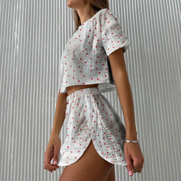 2024 Summer Women Casual Tracksuit Short Sleeve T-shirts+Shorts Two Pieces Sets Hollow Out Fashion Printed Female Sports Outfits