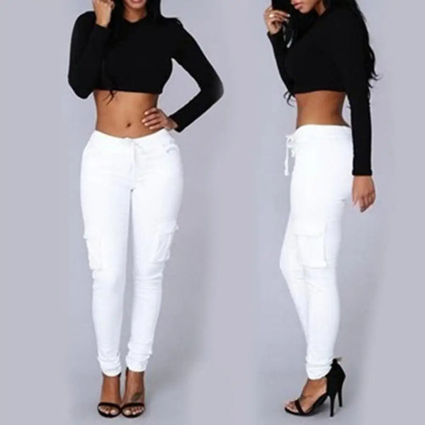 Mather 2023 Spring Lace Up Waist Casual Women Pants Solid Pencil Pants Multi-Pockets Straight Trousers S-4XL