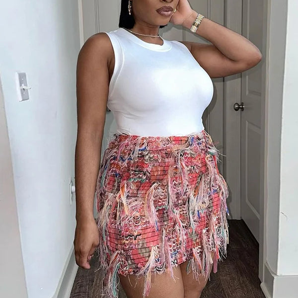 Weird Puss Colorful Tassel Skirts Peach Hip Women Thin Knit Wild Sexy Midnight Summer Trend Stretch Skinny Streetwear Bodycon