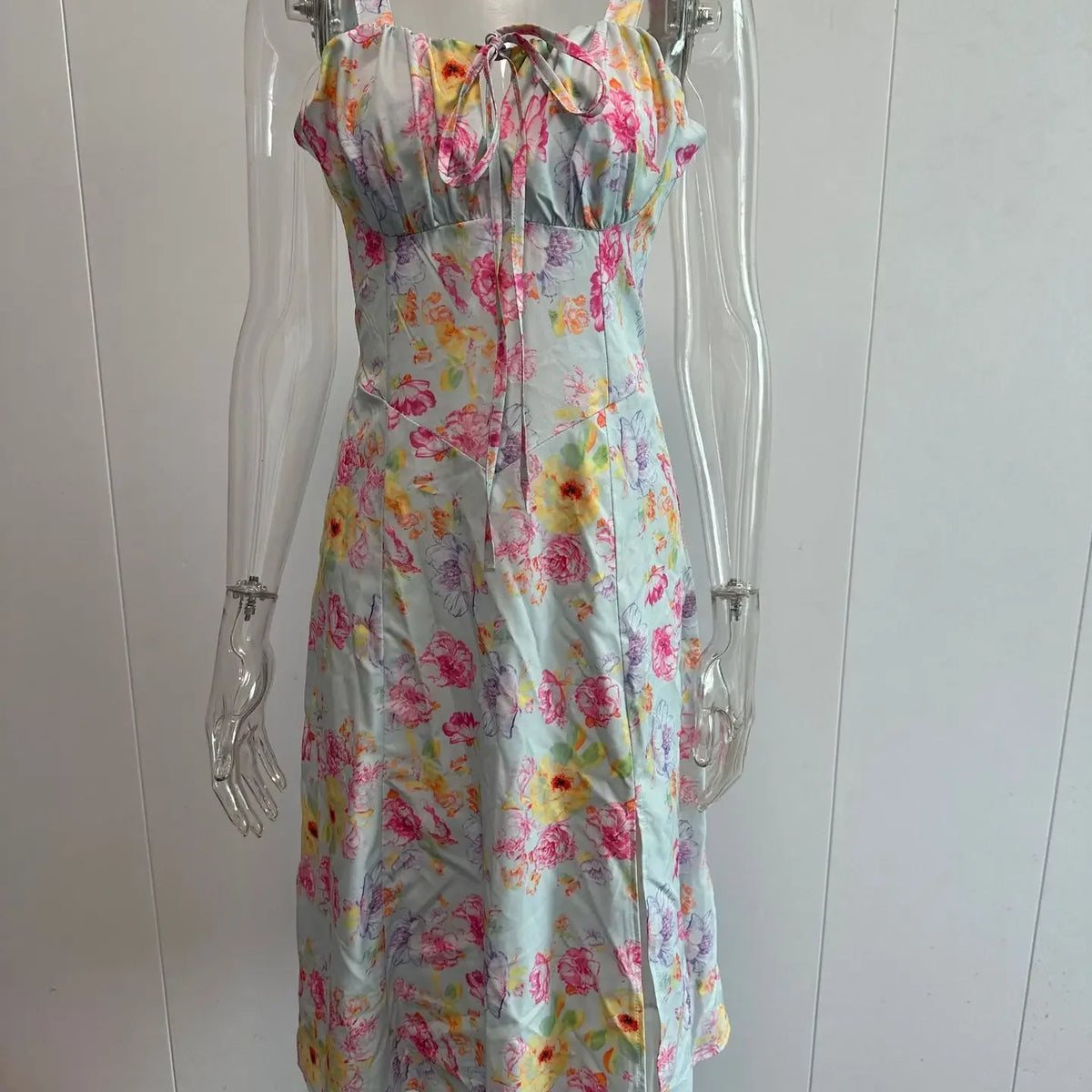 Frenchy Style All Over Print Ruched Women Lace Up Dress Floral Summer Split Adjustable Strapes Zip Casual Party Beach Midi Dress